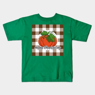 Pumpkin on Brown Plaid - Happy Thanksgiving Kids T-Shirt